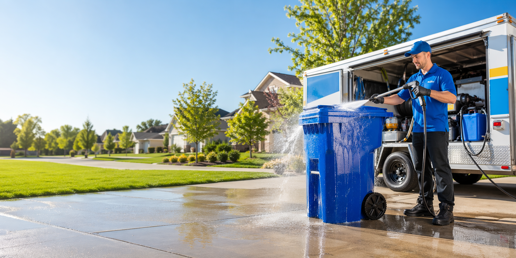 A professional technician pressure washing a blue residential trash bin beside a cleaning truck.